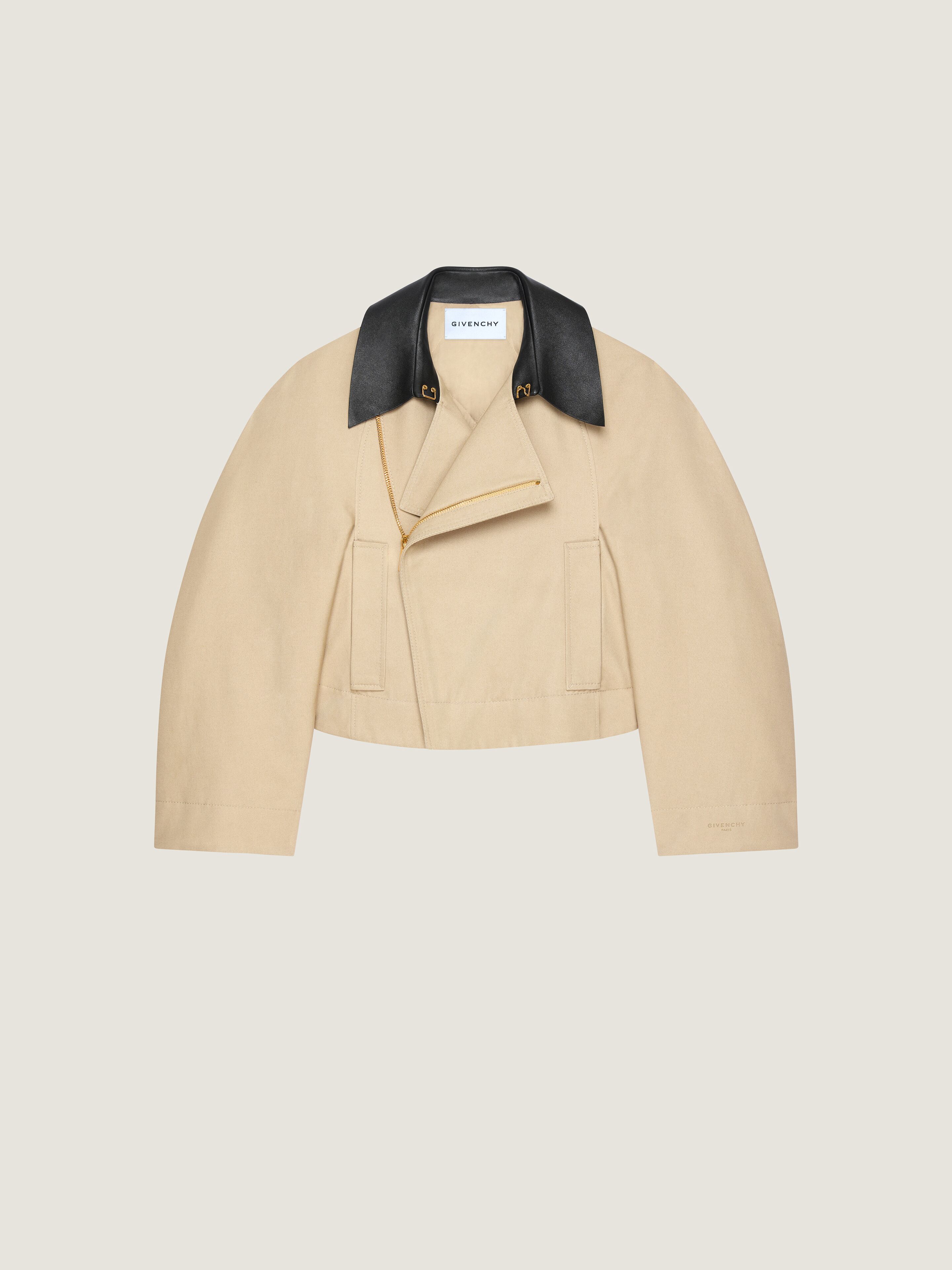 Cropped peacoat with leather collar in cotton and wool